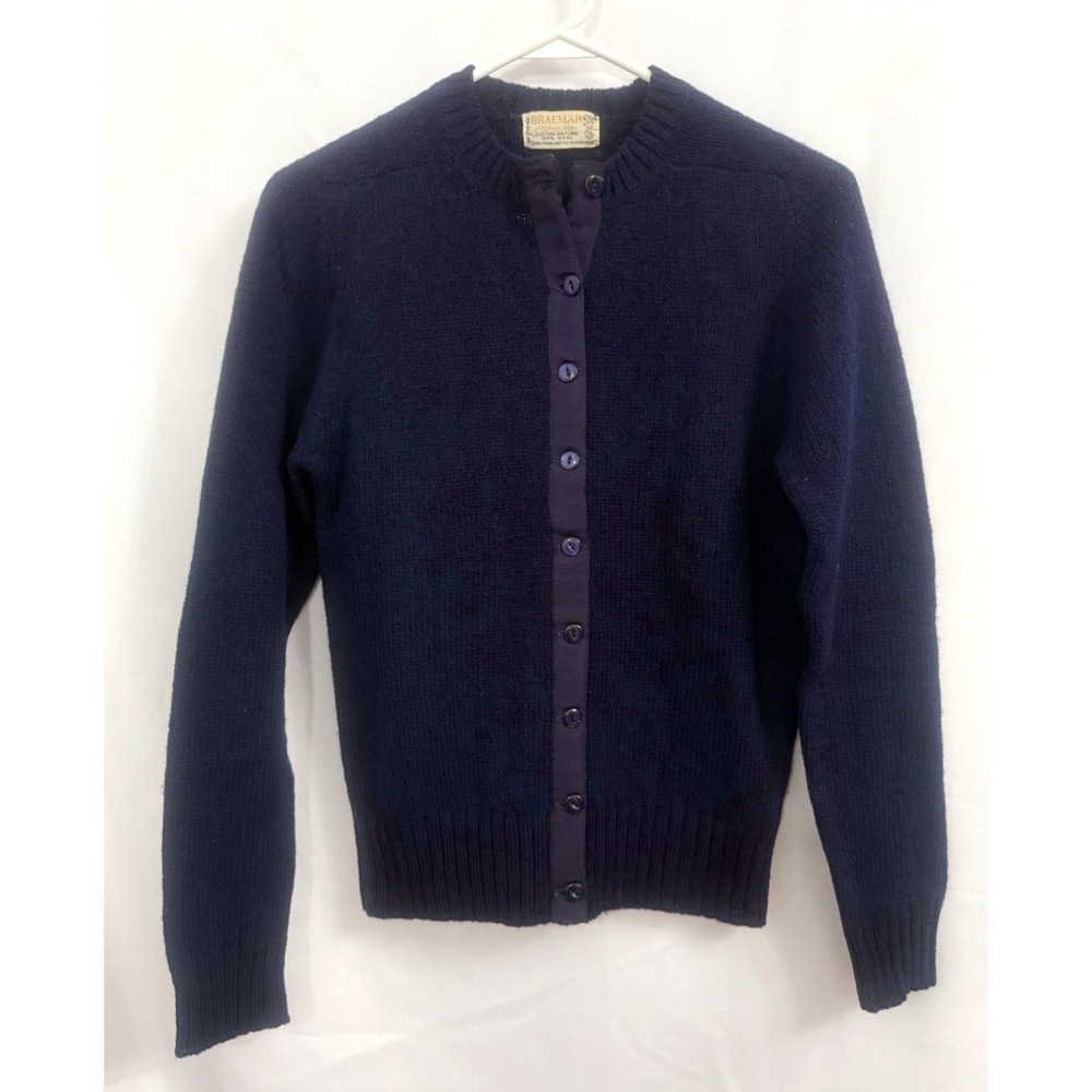 VTG Braemar International Scottish Shetland 100% Wool Navy Cardigan Size 38 S/M